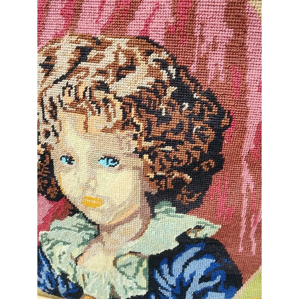 Vintage Antique Haunted Framed Needlepoint Tapestry French Blue Eyed Child Large
